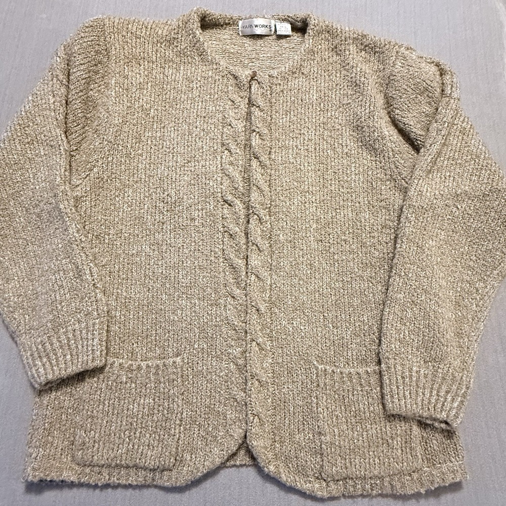 Yarn Works Cardigan Sweater Womens L Beige Chunky Knit Pockets Cable Trim